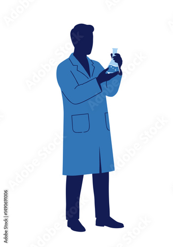 Scientist holding flask in laboratory with blue color theme  