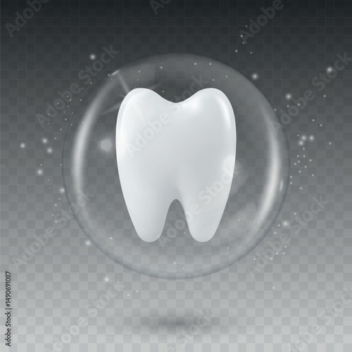 Vector 3D Realistic Tooth in a Protective Bubble Icon Isolated. Design Template, Clipart. Dentistry, Healthcare, Medical, Hygiene, Protection Concept