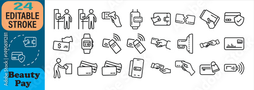 Collection of credit card and digital payment methods icons in linear style for finance