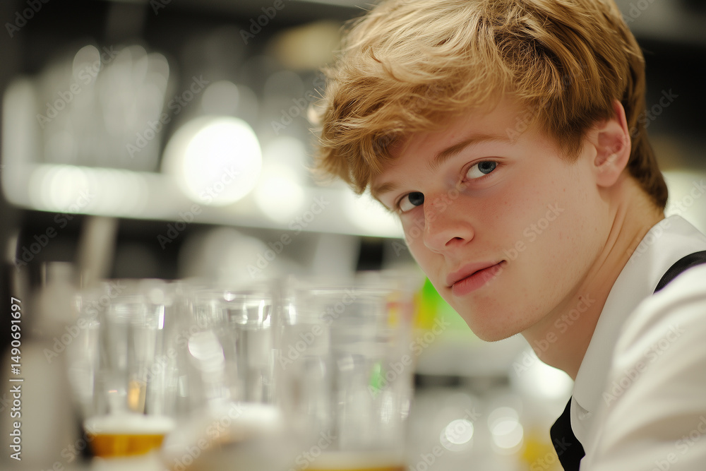 Young scientist in laboratory conducts a chemistry experiment with a glass tube for medical research Young scientist in laboratory conducts a chemistry experiment with a glass tube for medical research