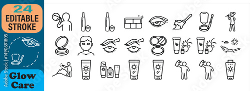 Collection of minimalist line art icons depicting skincare and makeup essentials