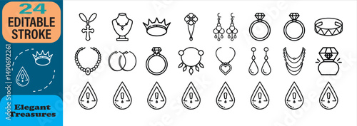 Elegant jewelry icons with editable stroke design featuring rings earrings necklaces and more