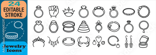 Elegant jewelry vector icon collection featuring rings necklaces bracelets crowns and earrings