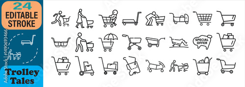 Set of twenty four editable stroke trolley icons representing shopping concepts