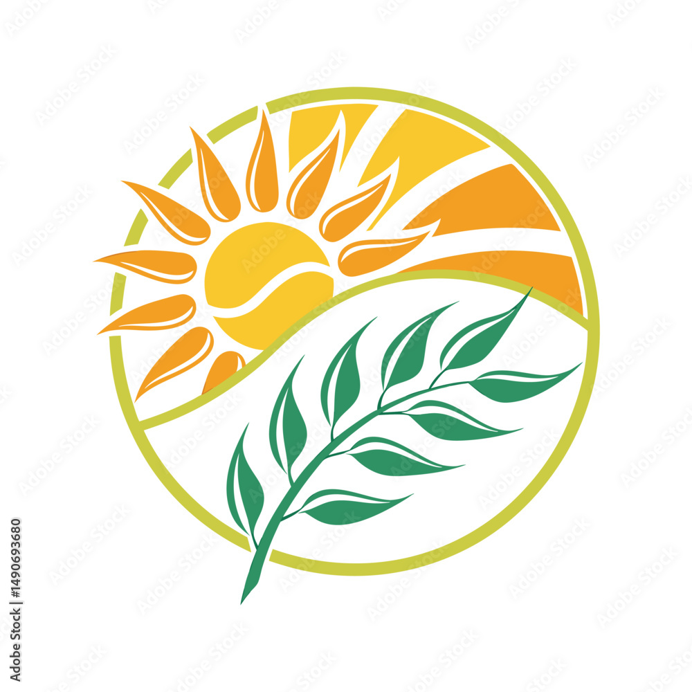 Fototapeta premium Sun and Leaves Symbol in a Circle