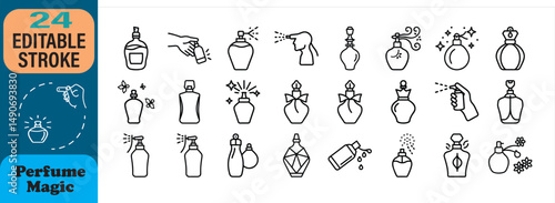 Twenty four editable stroke perfume bottles and sprays vector icons for various design purposes