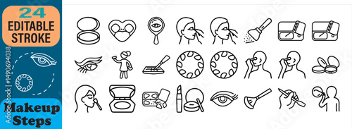 Vector icons representing various steps and essential tools in makeup application and beauty