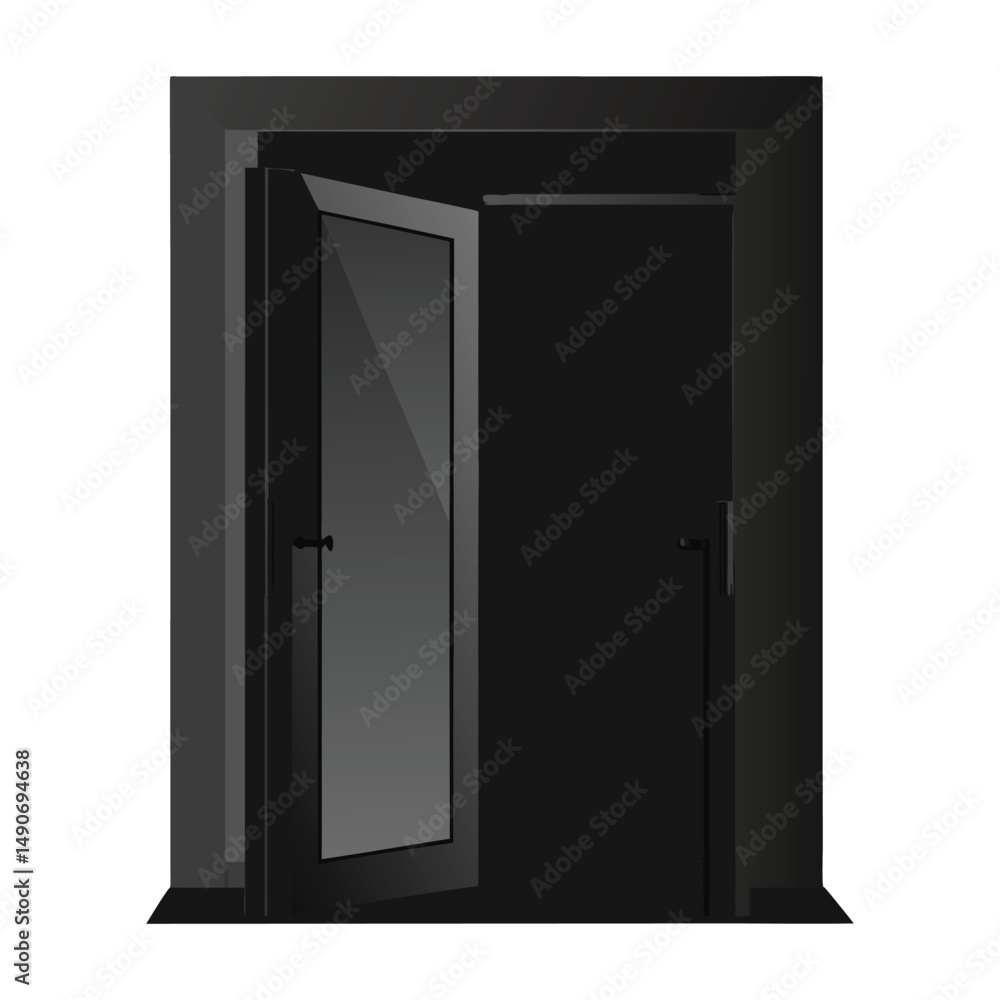 Black metallic door frame isolated on white. Modern entrance design. Minimalist architectural home design. Glass door, interior, exterior element. Entrance, exit, open closed door Black metallic door frame isolated on white. Modern entrance design. Minimalist architectural home design. Glass door, interior, exterior element. Entrance, exit, open closed door