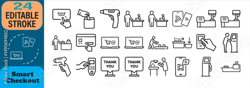 Smart checkout and payment methods icon set illustrating modern shopping technology and transactions