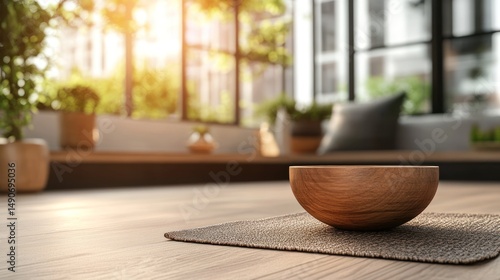 Wooden bowl on a table in a modern, bright living space