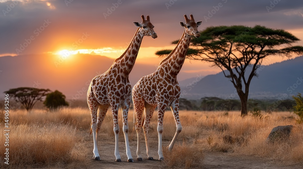 Fototapeta premium Two giraffes at sunset in savanna