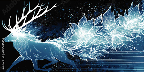 Mystical Blue Glowing Fantasy Deer with Floral Antlers Running in Magical Night Sky and Starry Cosmos Background Vector Illustration for Artistic Design Inspiration