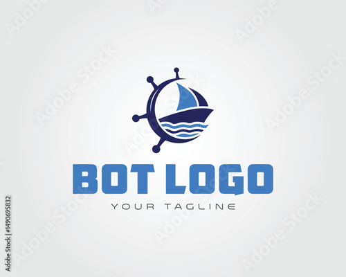 Sailing boat marine logo vector template with wave and wheel for maritime business identity