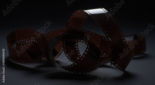 Dramatic close-up of 35mm film strip showcasing cinematic history and art of analog film photography with dark lighting on vintage background