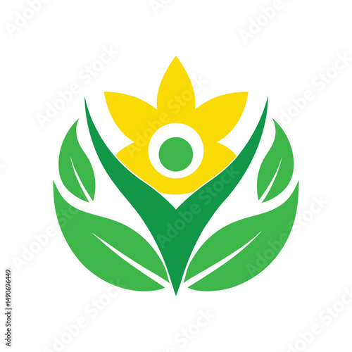 Floral emblem with yellow flower and green leaves