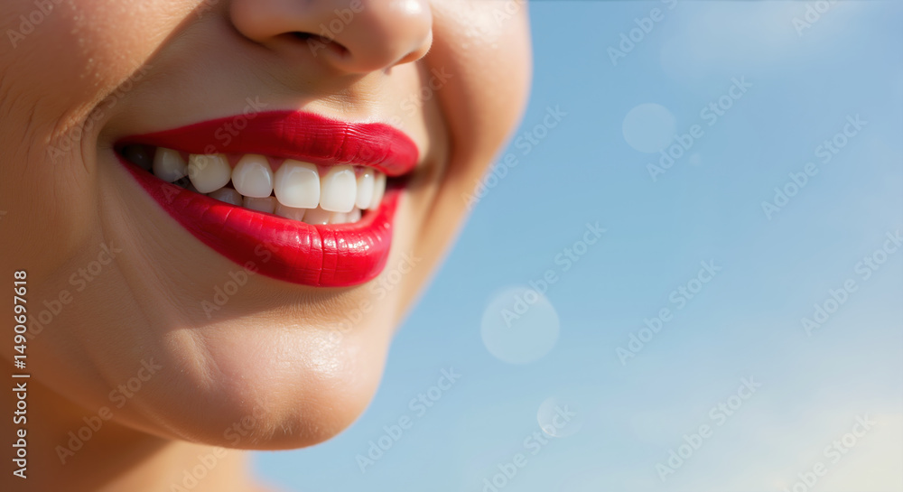 Fototapeta premium Close-up of woman's bright red lips and white teeth smiling against blue bokeh background. Beauty concept for lipstick advertising, dental services and cosmetic procedures