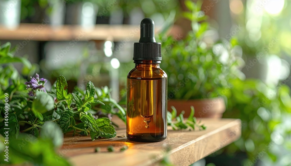 Amber Glass Dropper Bottle With Herbal Plants On Wooden Shelf Amber Glass Dropper Bottle With Herbal Plants On Wooden Shelf