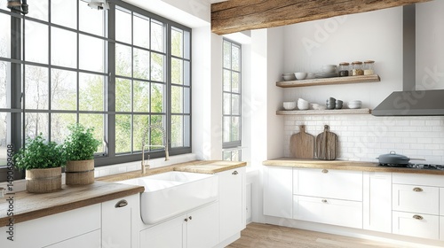 Bright modern kitchen with white shaker cabinets, exposed wooden beams, and a farmhouse sink, featuring natural light and rustic decor