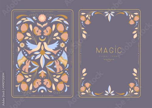 Modern magic witchcraft frames with floral elements and ornament. Decorative floral back and face card design. Vector illustration