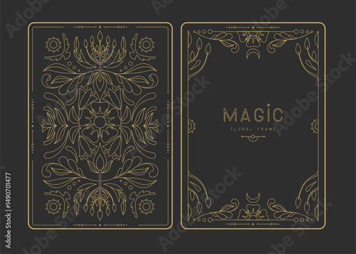 Modern magic witchcraft frames with floral elements and ornament. Decorative floral back and face card design. Vector illustration