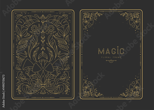 Modern magic witchcraft frames with floral elements and ornament. Decorative floral back and face card design. Vector illustration