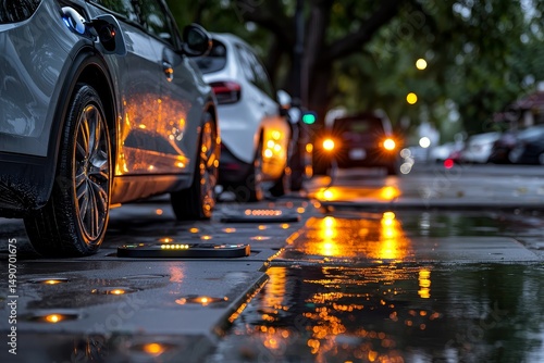 Embedded induction pads under permeable pavers with electric vehicle charging LEDs glowing through rain puddles and license plate recognition camera calibration