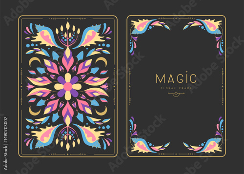 Modern magic witchcraft frames with floral elements and ornament. Decorative floral back and face card design. Vector illustration