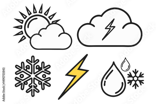 Weather Icons Set with clouds and sun – Flat Vector Illustration