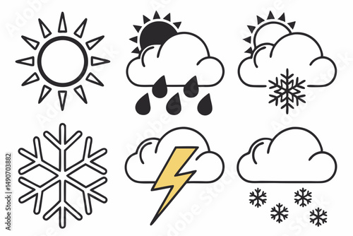 Weather Icons Set with clouds and sun – Flat Vector Illustration