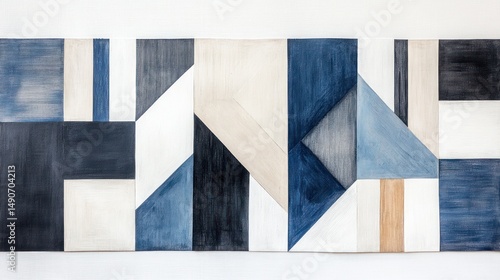 Abstract geometric wall art,  a series of  wooden panels in various shades of blue, beige, and black, forming  a modern design