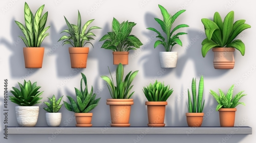 Fototapeta premium Arrangement of various potted houseplants on a wall and shelf.