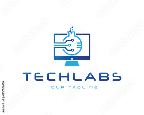 Tech labs logo design featuring a computer monitor and science beaker vector template