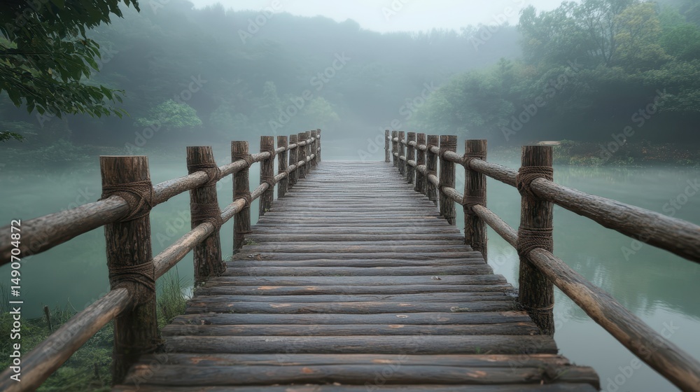Naklejka premium Misty Wooden Bridge Crossing Lake, Serene Landscape, Tranquil Nature Scene.