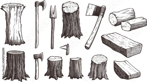 Hand Drawn Lumberjack Tools and Tree Stumps Collection for Design Projects