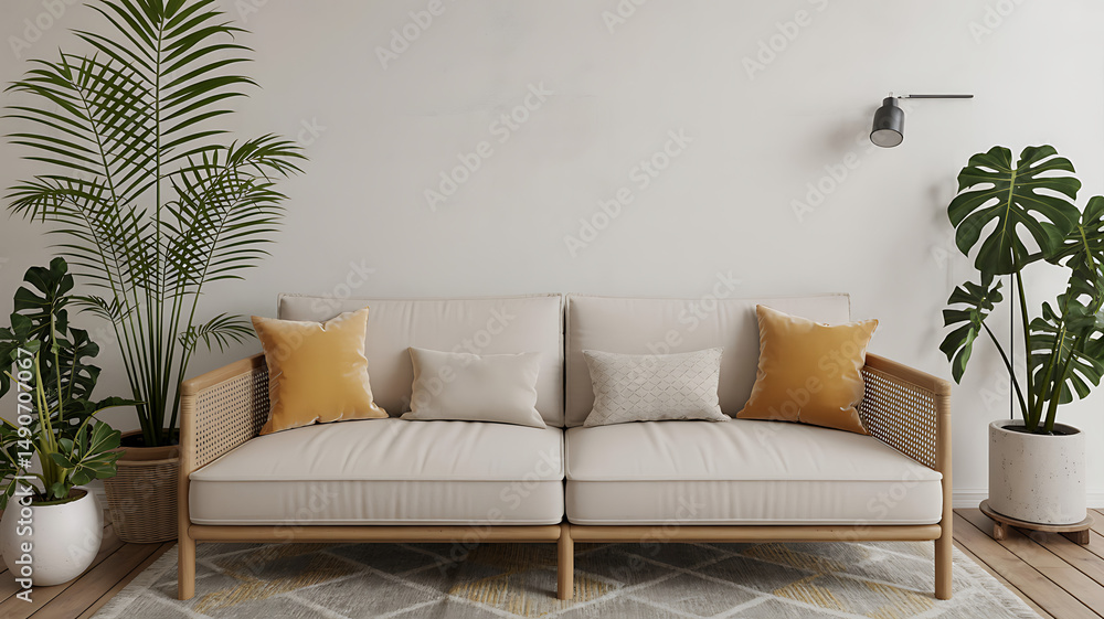 Beige sofa with rattan accents in modern living room Beige sofa with rattan accents in modern living room