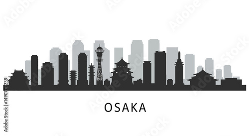 Osaka Skyline Silhouette with Japan Cityscape, and White.