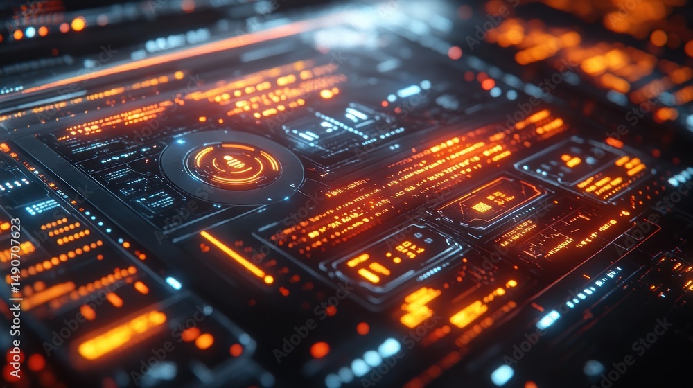 Futuristic technological interface with glowing orange and blue details Futuristic technological interface with glowing orange and blue details