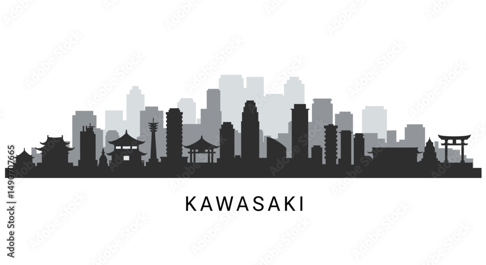 Naklejka premium Kawasaki with Japan Skyline Silhouette Vector.