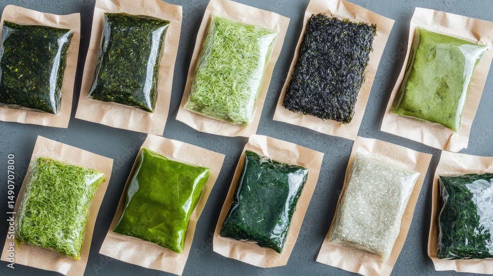 Fototapeta premium Variety of Seaweed Packages on Gray Background for Culinary Use