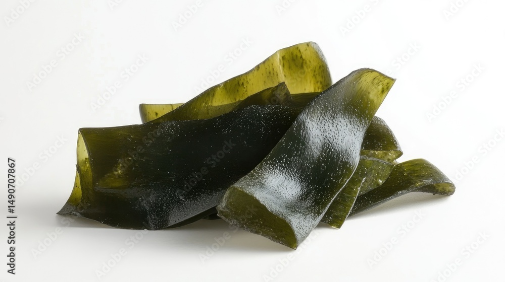 Fototapeta premium Fresh Seaweed Leaves Displayed on White Background for Culinary Use
