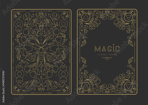 Modern magic witchcraft frames with floral elements and ornament. Decorative floral back and face card design. Vector illustration