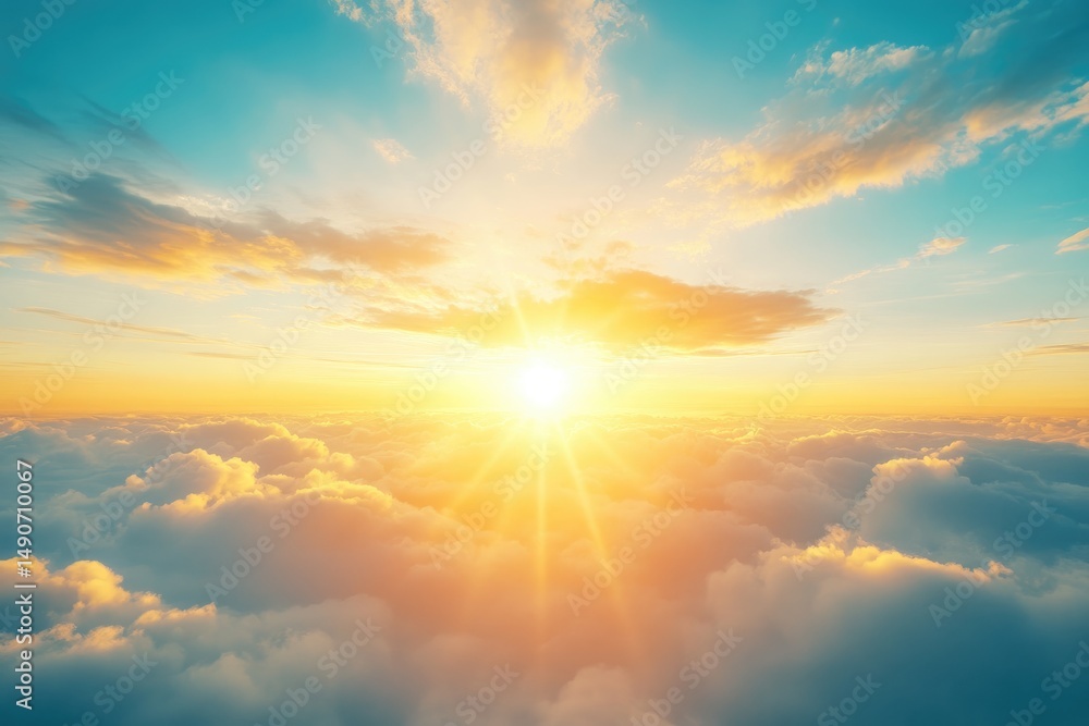Golden sunrise above fluffy clouds Golden sunrise above fluffy clouds