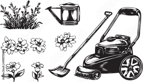 Black and White Gardening Illustration with Lawnmower Flowers Plants Shovel and Watering Can