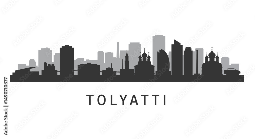 Naklejka premium Tolyatti City Skyline with Russia Silhouette.