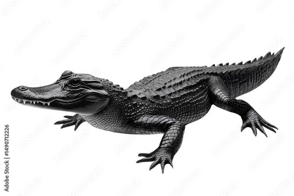 Naklejka premium Alligator Stands Calmly on Black Background, Showing its scales and textures