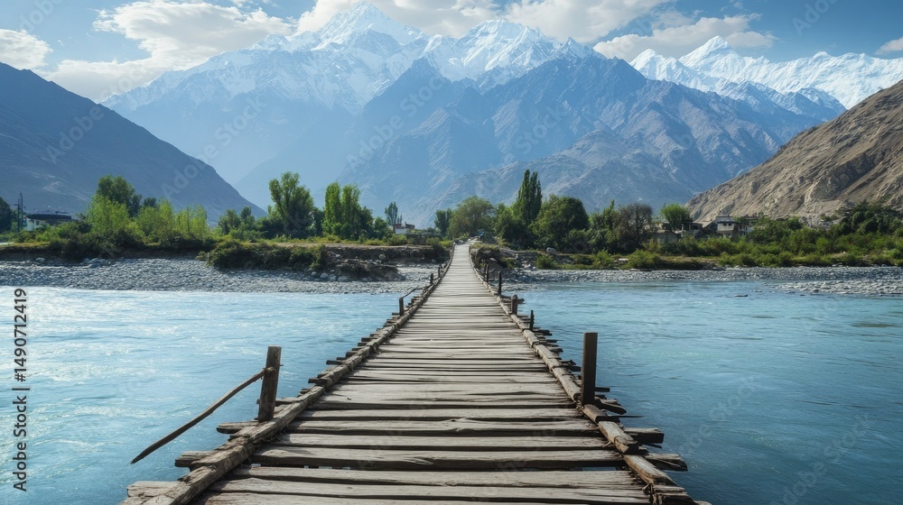 Naklejka premium Scenic Bridge Over a River with Majestic Mountains in Background