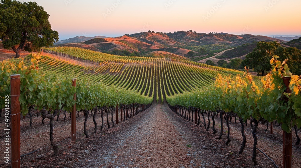 Naklejka premium Picturesque vineyard rows at sunrise