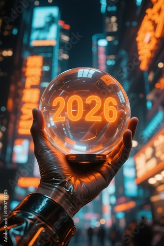 Futuristic hand holding a glowing crystal ball displaying the year 2026 in a cityscape