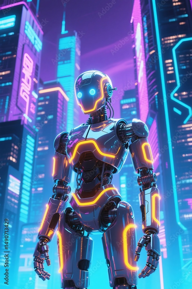 Futuristic robot standing in a neon lit cyberpunk city with vibrant architectural elements Futuristic robot standing in a neon lit cyberpunk city with vibrant architectural elements