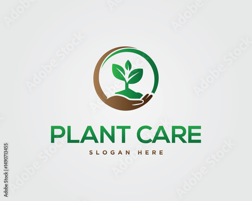 Plant care logo design with hand holding sprout in circle vector template professional symbol for agriculture